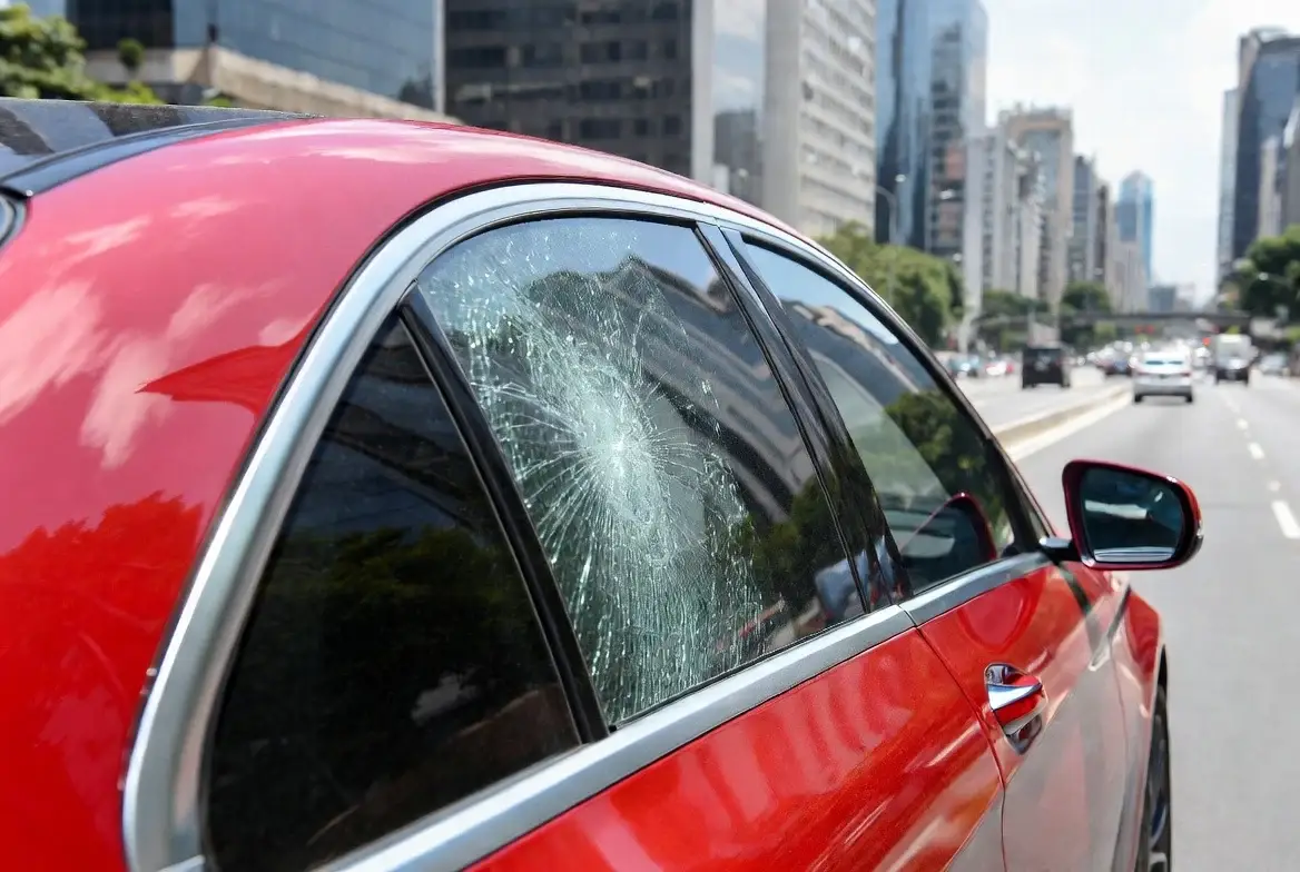 Vidro lateral de carro vermelho trincado, mantido inteiro pela película de segurança