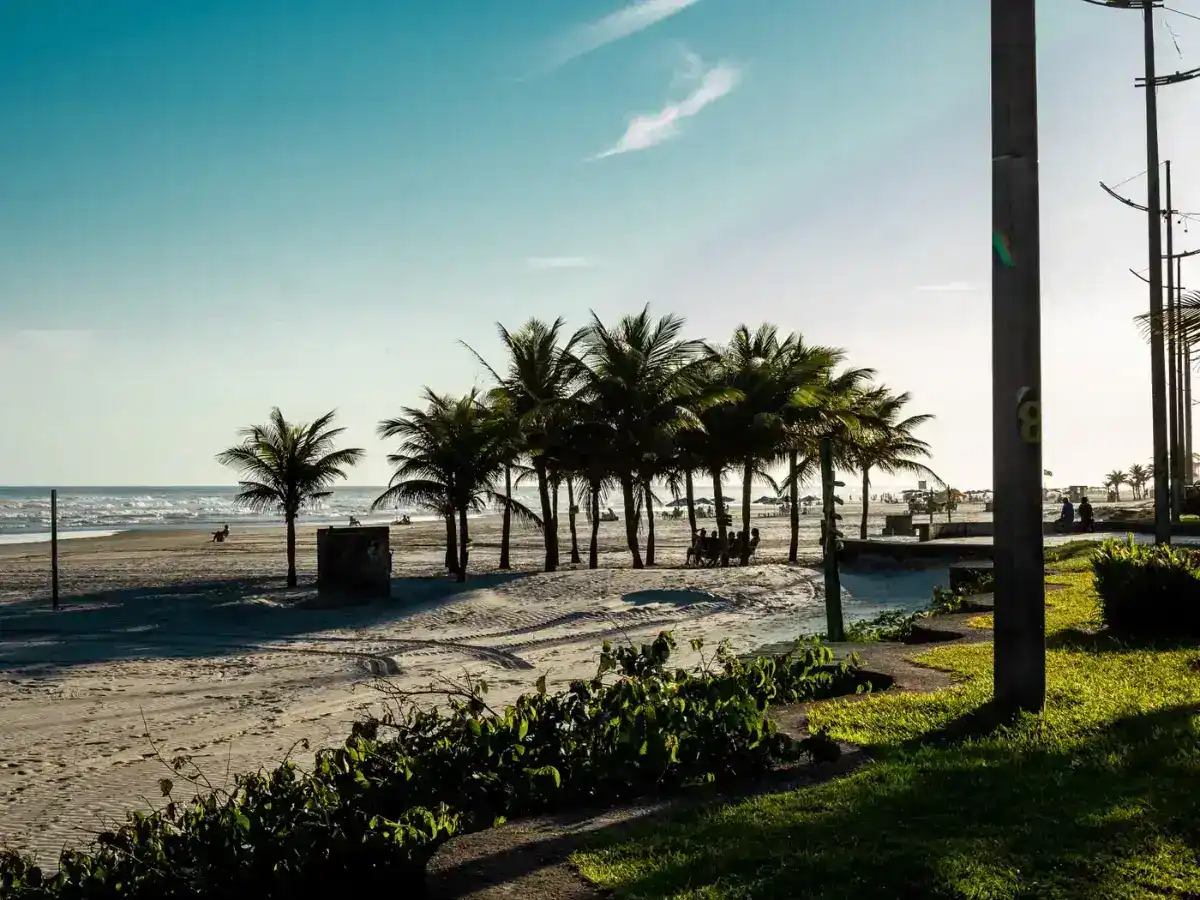 Orla e calçadão da Praia Grande, litoral de São Paulo, com palmeiras