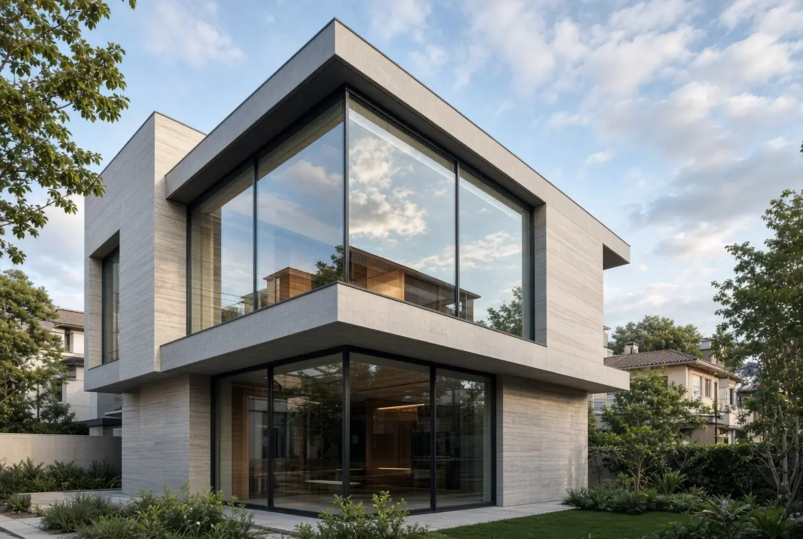 Casa moderna com fachada de vidro do piso ao teto