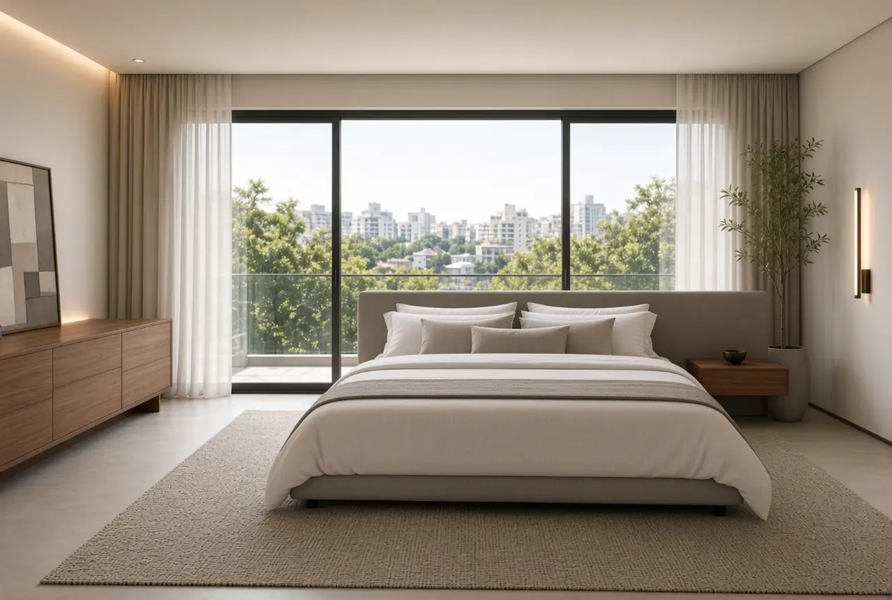 Quarto de casal com janela de correr ampla e cortinas leves