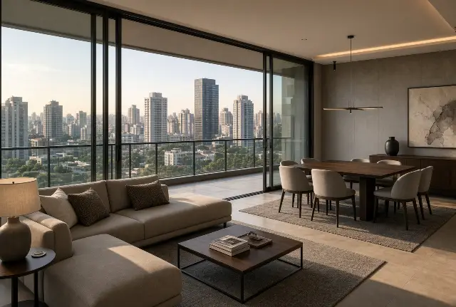 Sala e jantar integrados com portas de vidro e vista da cidade