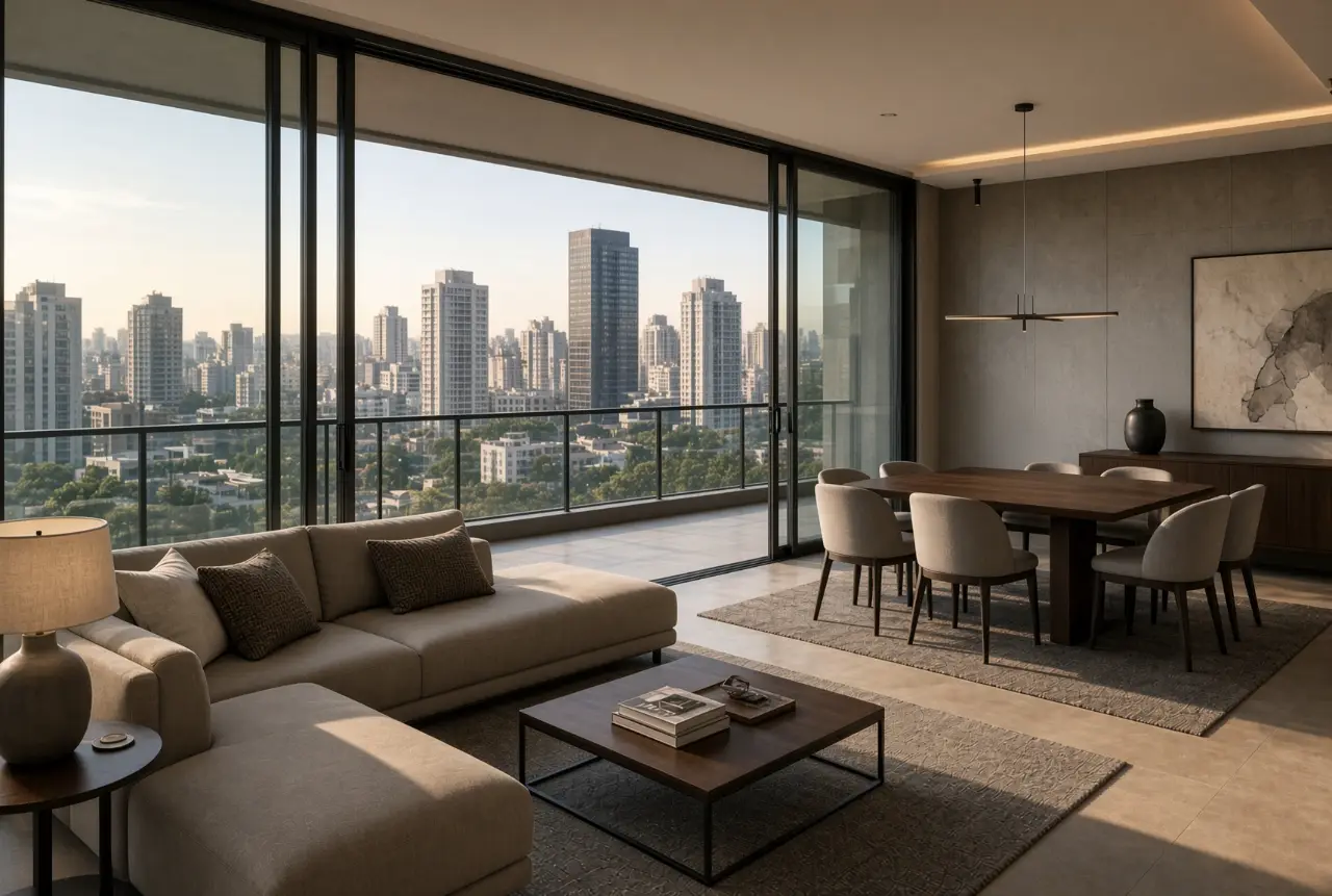 Sala e jantar integrados com portas de vidro e vista da cidade