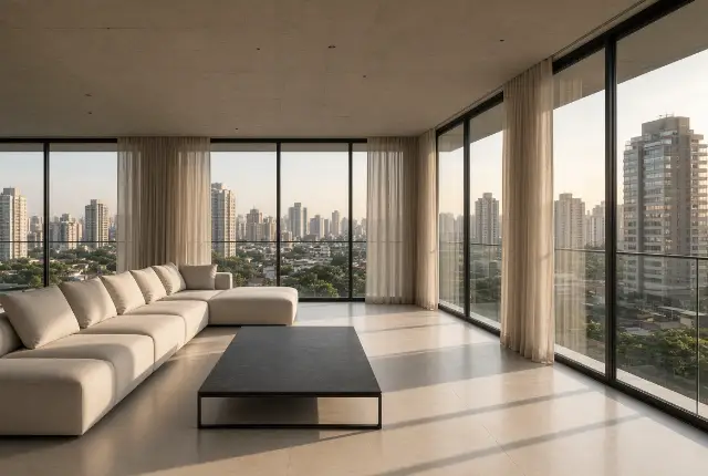 Living com vidros de piso a teto de canto a canto e vista dos prédios