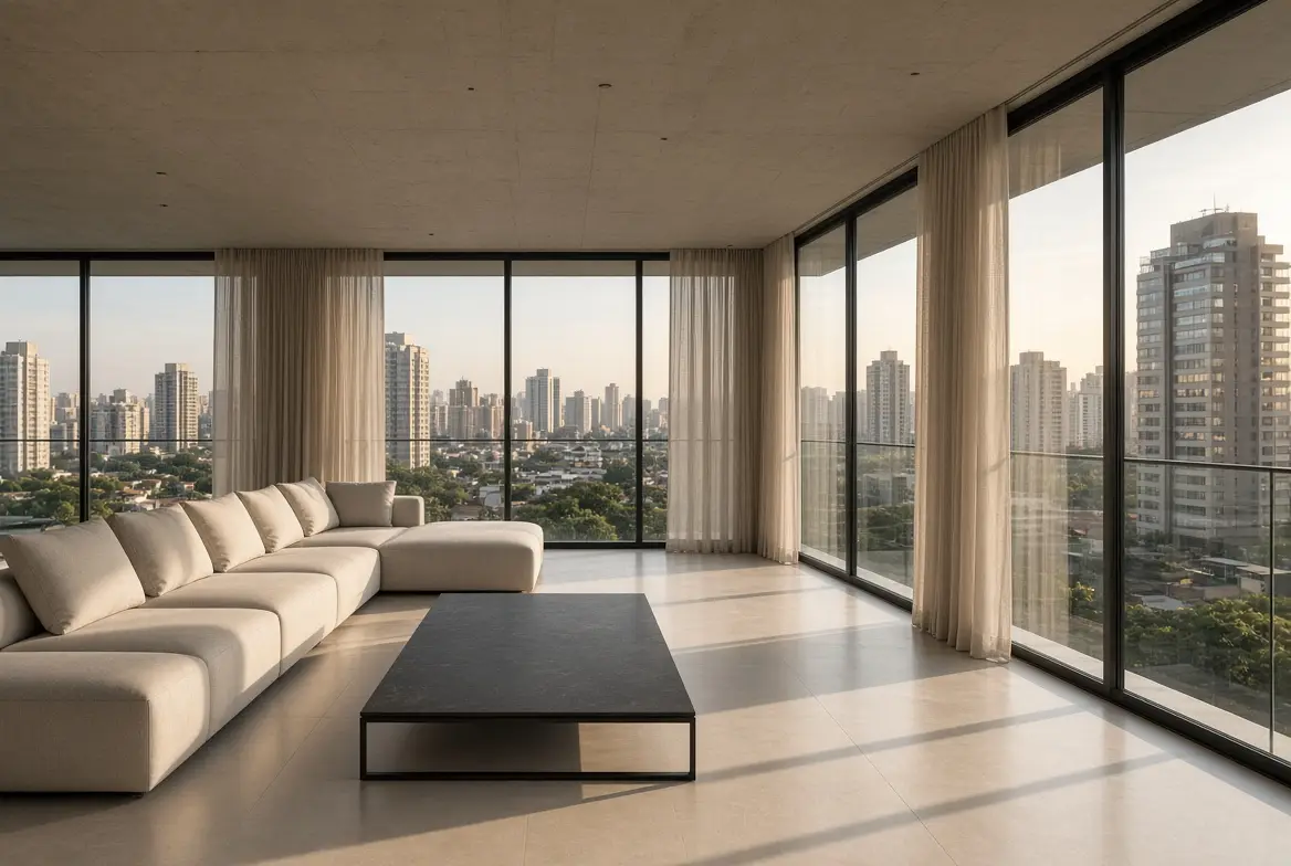 Living com vidros de piso a teto de canto a canto e vista dos prédios