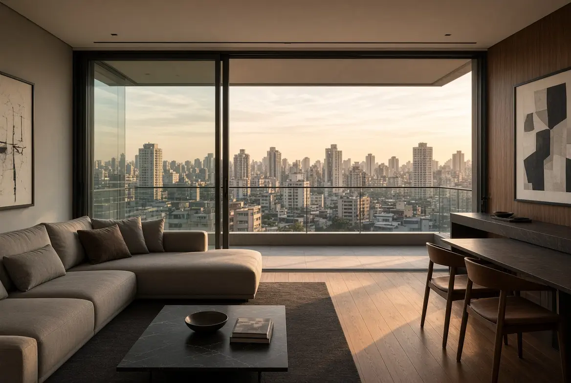 Sala com porta de correr ampla para a varanda ao entardecer