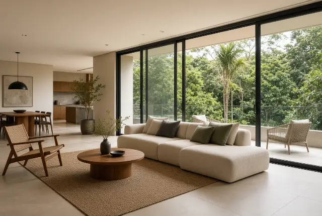 Sala com portas de vidro de correr abertas para varanda com vegetação