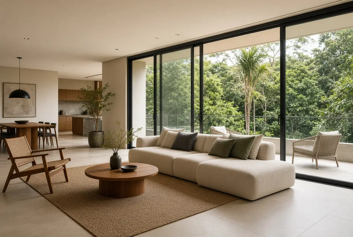 Sala com portas de vidro de correr abertas para varanda com vegetação