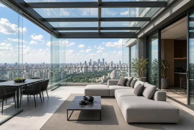 Terraço de cobertura com teto e fechamento de vidro e vista panorâmica da cidade