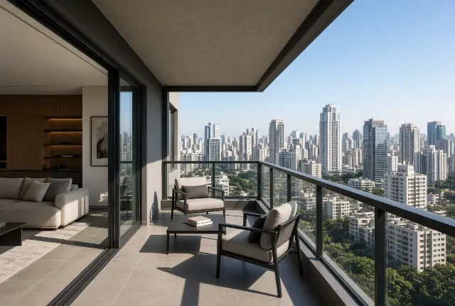 Sacada de apartamento com guarda-corpo de vidro e vista da cidade