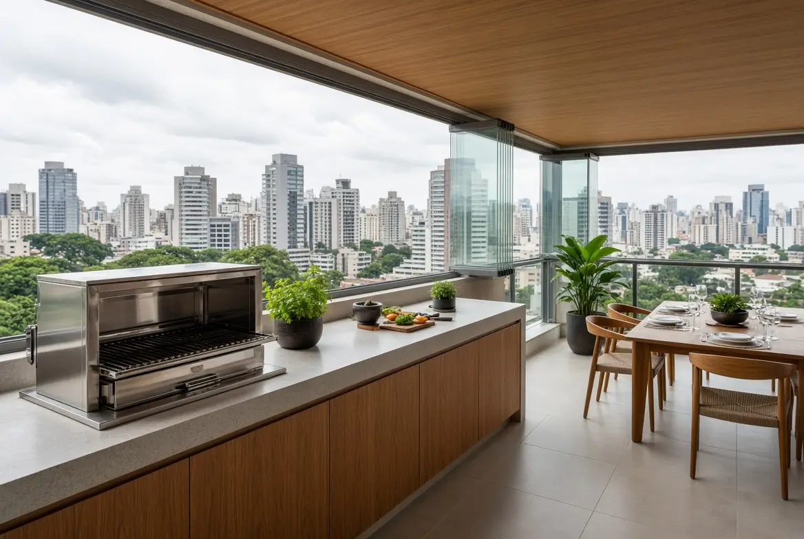 Varanda gourmet envidraçada com churrasqueira e vista da cidade