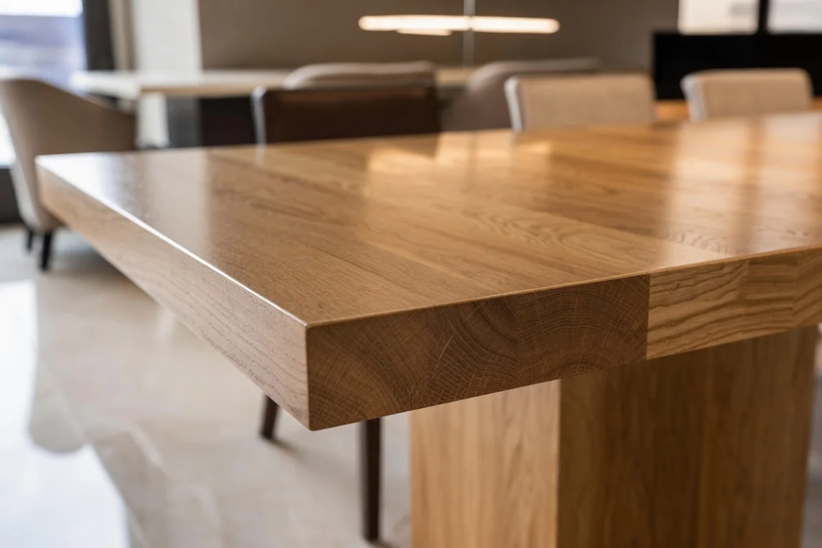 Mesa de jantar de carvalho maciço com veio pronunciado em ambiente de alto padrão