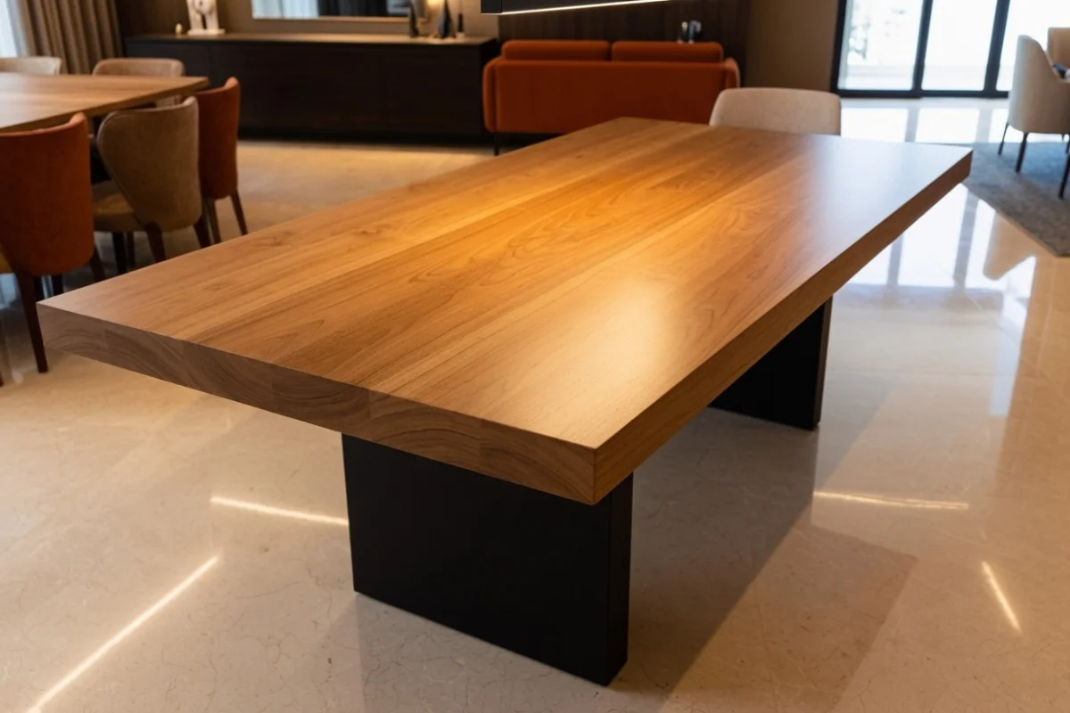 Mesa de jantar de cumaru maciço com tampo robusto em sala de alto padrão