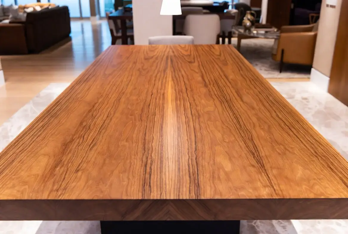 Mesa de jantar de imbuia maciça com veio ondulado em sala de alto padrão