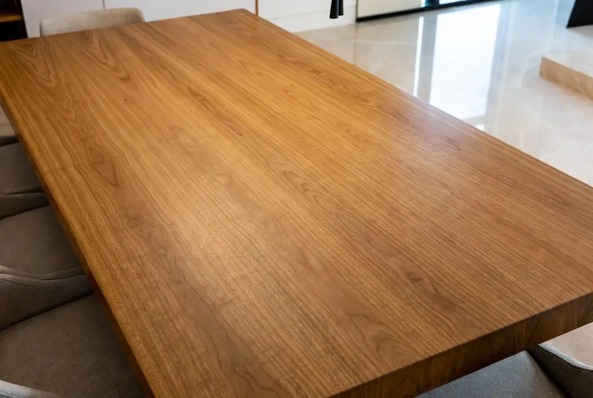 Mesa de jantar de ipê maciço com tampo castanho em sala de alto padrão