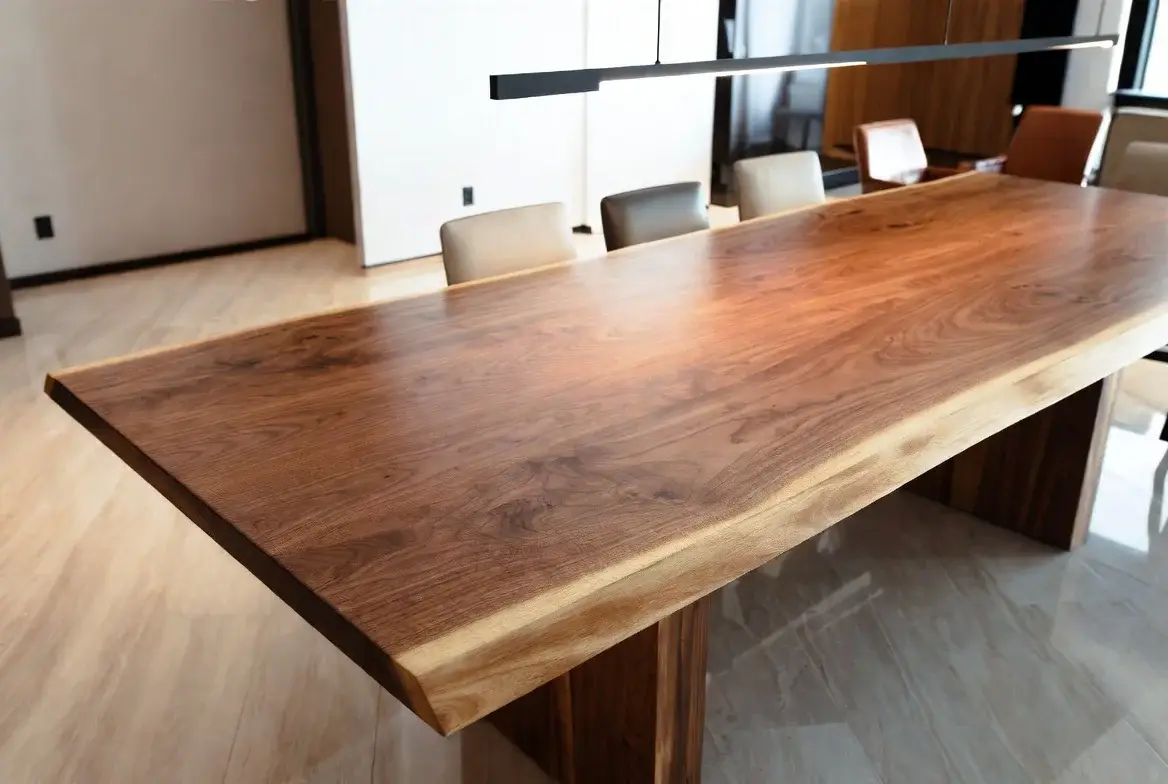 Mesa de jantar de madeira nogueira maciça com veio marcante em sala de alto padrão