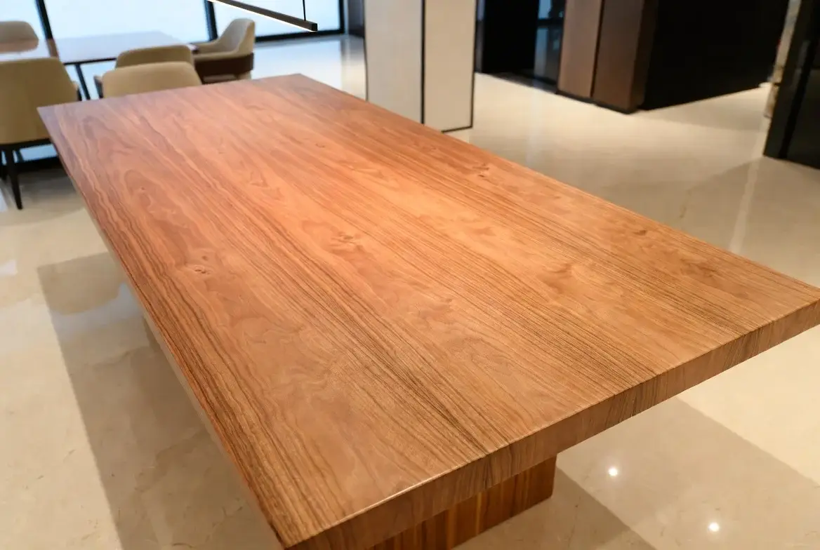 Mesa de jantar de peroba-rosa maciça com tampo rosado em sala de alto padrão