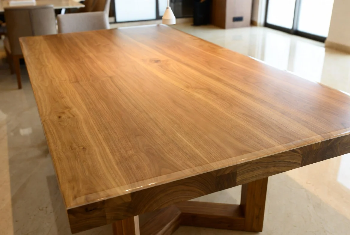 Mesa de jantar de teca maciça com tampo envernizado em sala de alto padrão