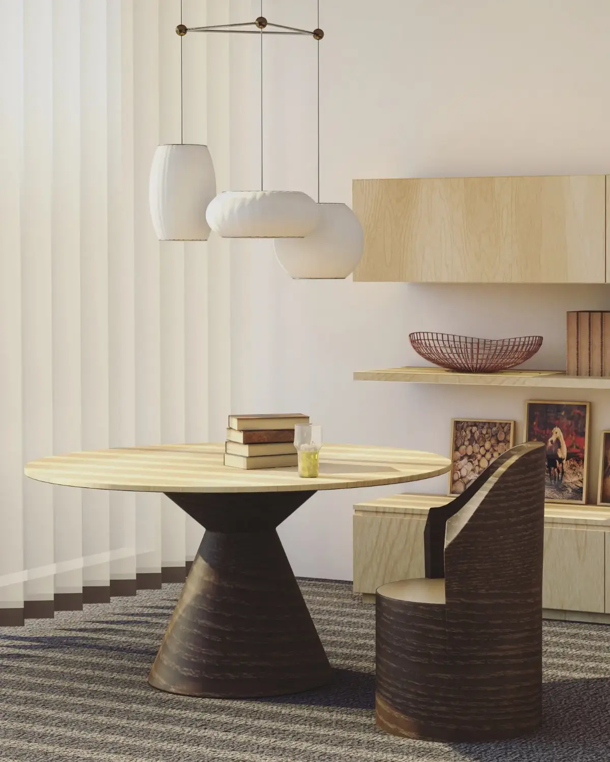 Mesa de design com base laqueada escura e cadeiras estofadas