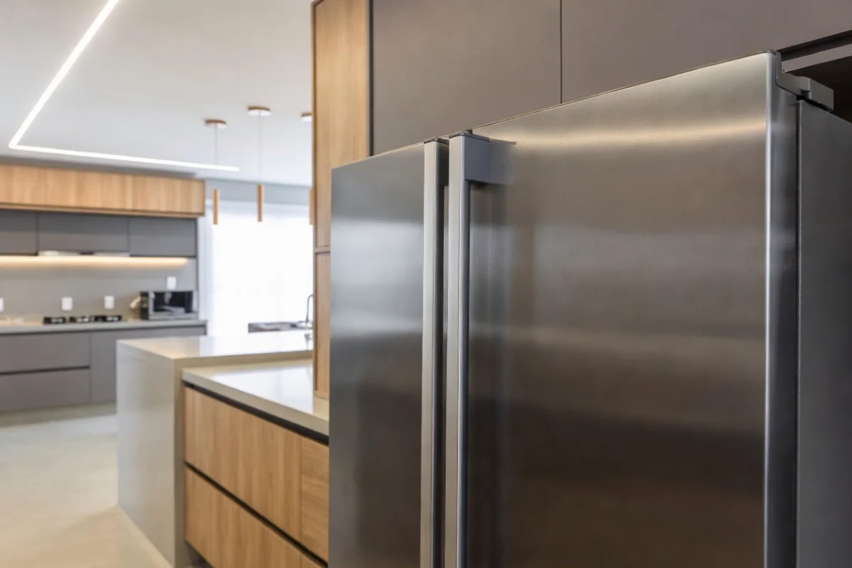 Geladeira de inox em cozinha